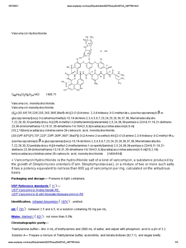 Vancomycin Hydrochloride USP 32 | PDF | Chromatography | High ...