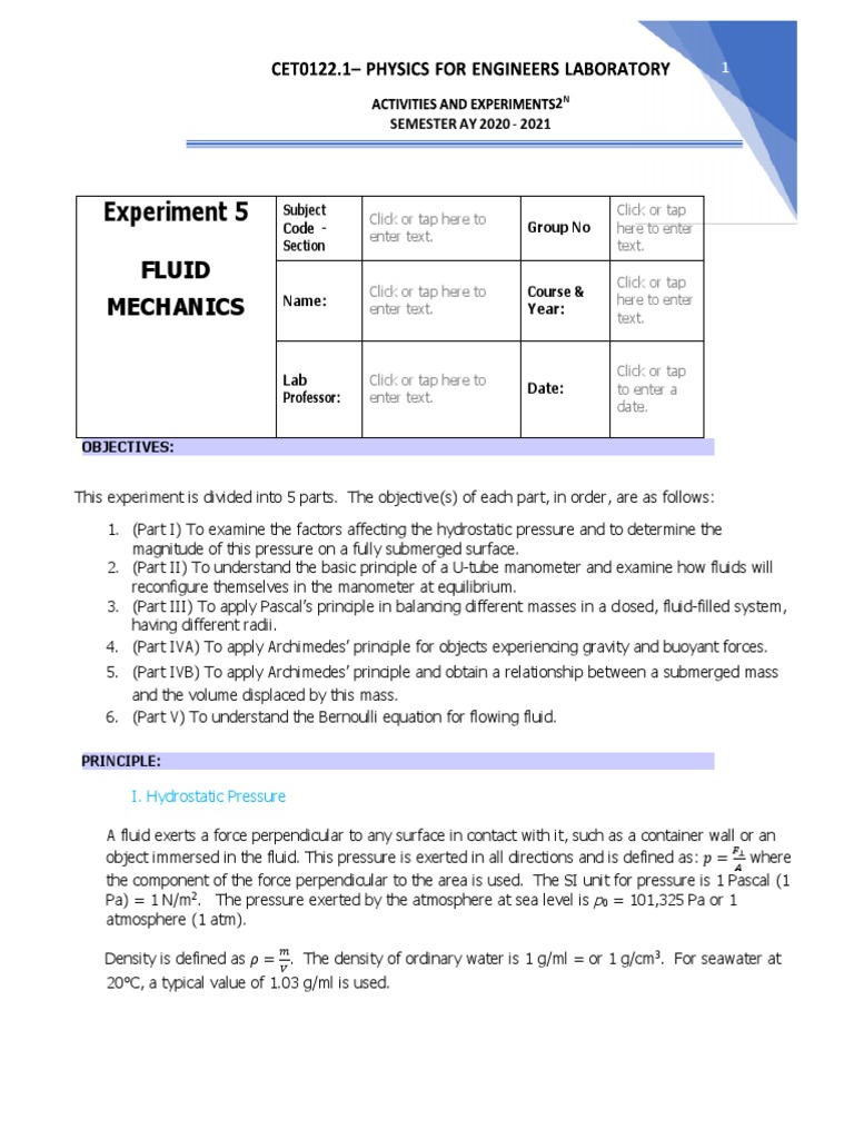 Fluid Mechanics Lab Experiment Overview | PDF | Buoyancy | Pressure