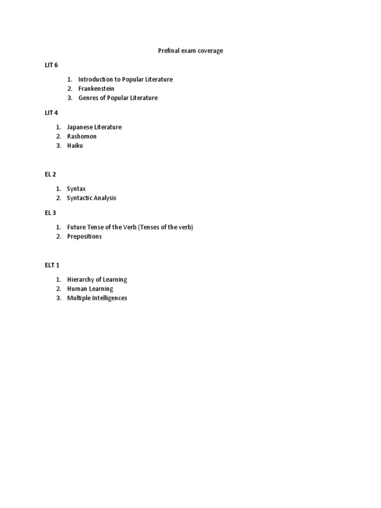 Prefinal Exam Topics Overview | PDF | Language Arts & Discipline ...
