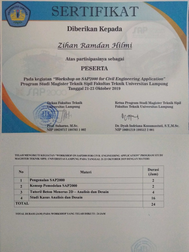 Sertifikat Pelatihan Sap2000 | PDF