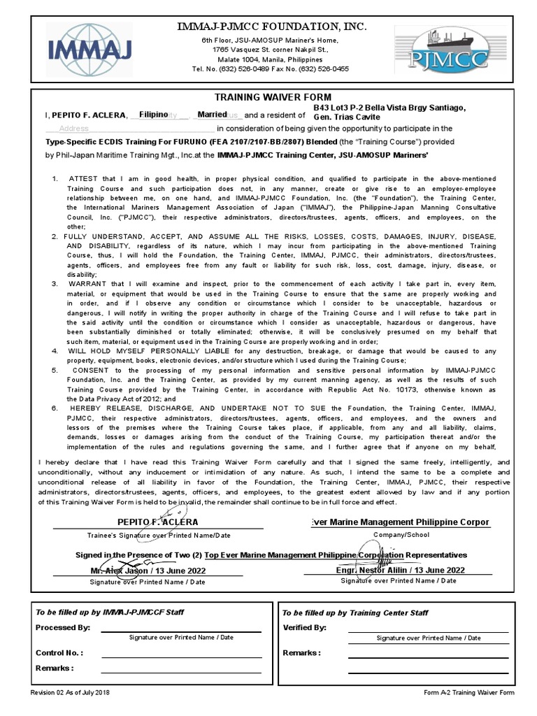 Training Waiver Form Signed Signed Pdf Legal Liability Health