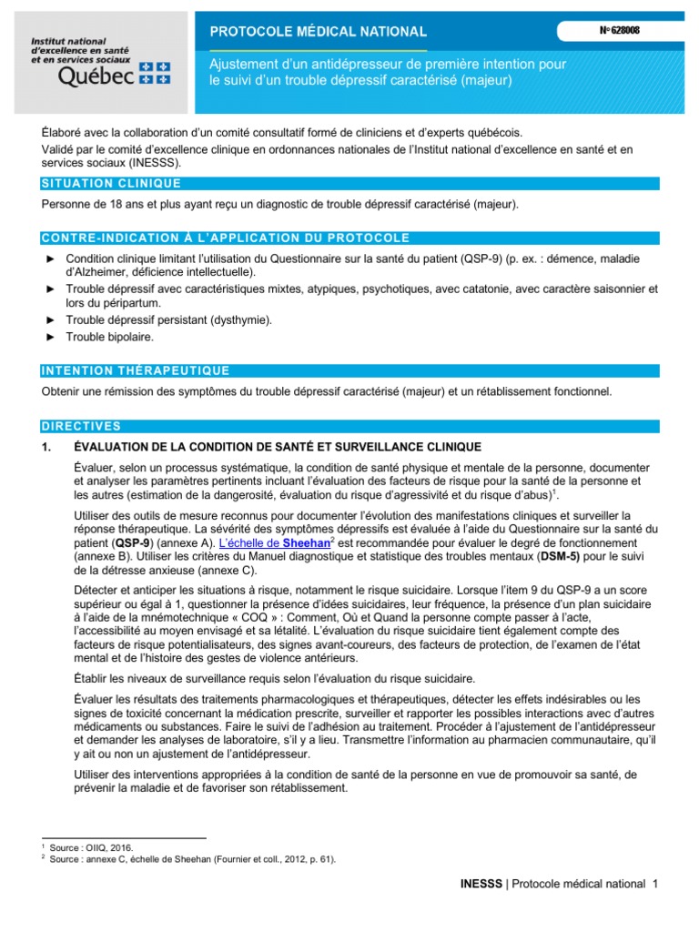 DSI INESSS Protocole Medical Antidepresseurs | PDF | Antidépresseur ...