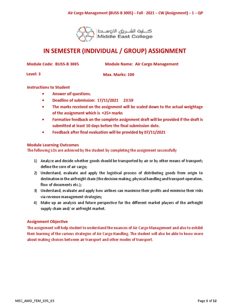 BUSSB 3005 Air Cargo Management QP1 PDF Evaluation Critical Thinking