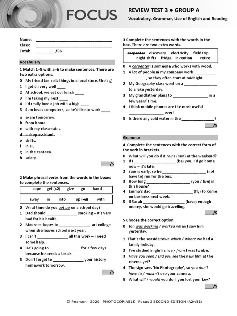 Focus2 2E Review Test 3 Units1 6 Vocabulary Grammar UoE Reading GroupA ...