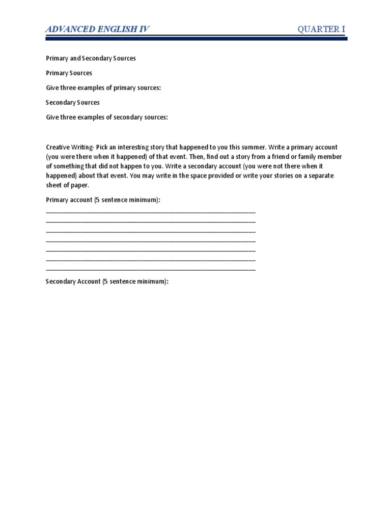 Primary and Secondary Sources Worksheet PDF
