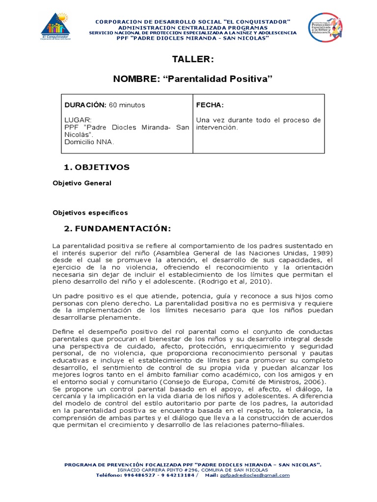 Planificación Taller Parentalidad Positiva Pdf Adultos