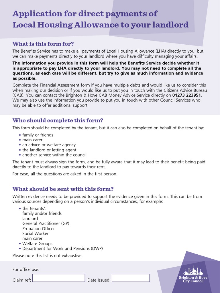 Application for Direct Payment of Housing Benefits to Landlord PDF