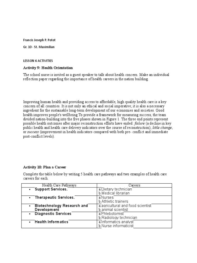 Francis Joseph Potot Lesson 6 Activities Grade 10 1 | PDF