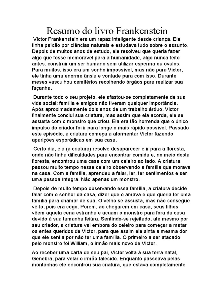 Resumo Do Livro Frankenstein PDF Frankenstein Família