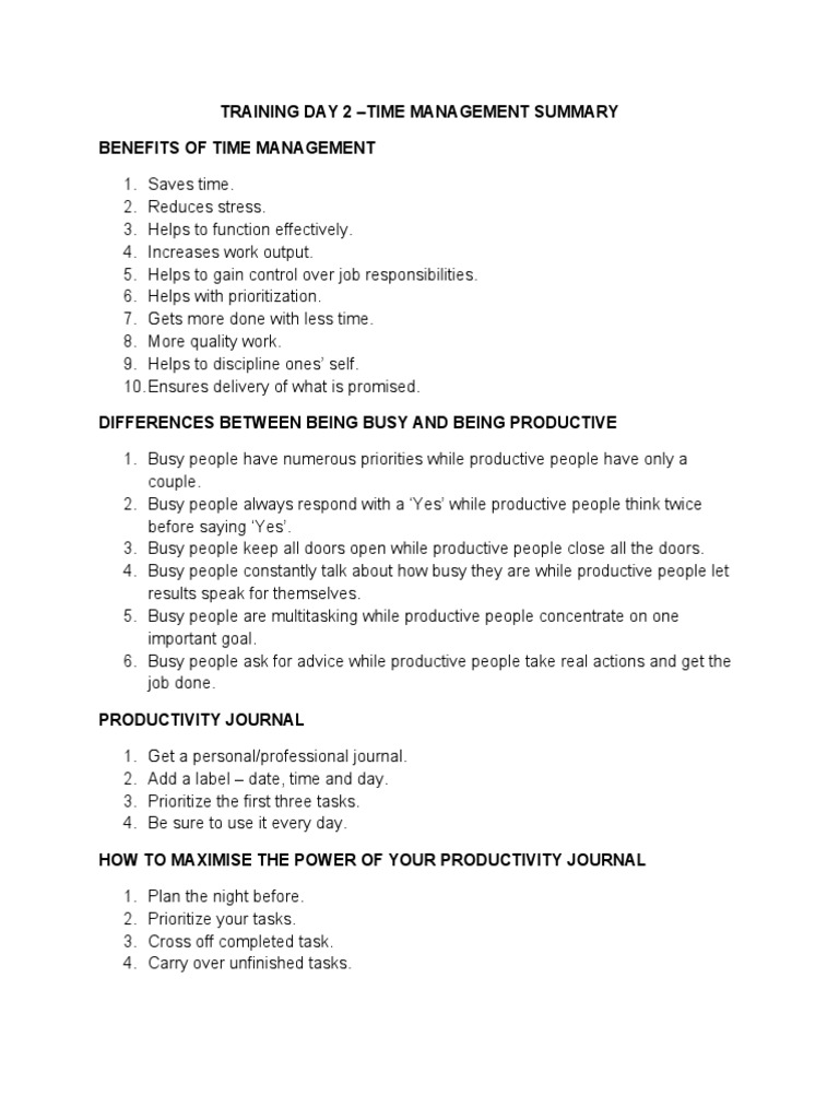 Time management training day 2 summary pdf time management