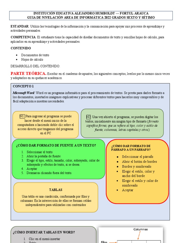Guía de Informática para Sexto y Séptimo | PDF | Microsoft Excel ...