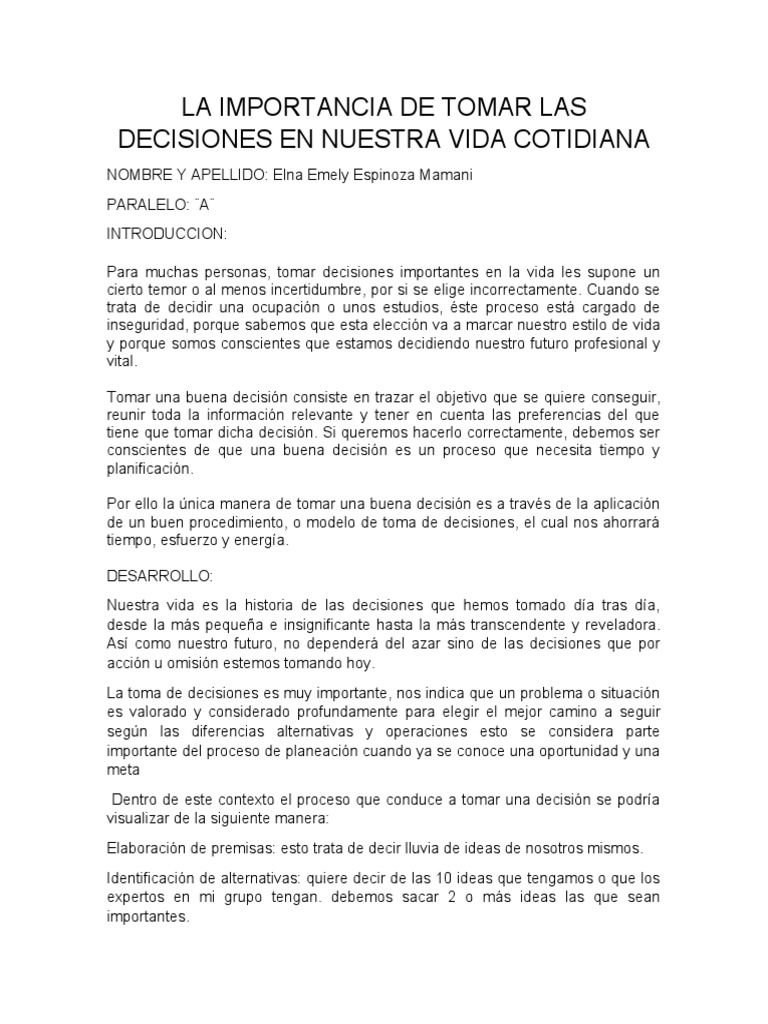 La Importancia de Tomar Las Decisiones en Nuestra Vida Cotidiana | PDF ...