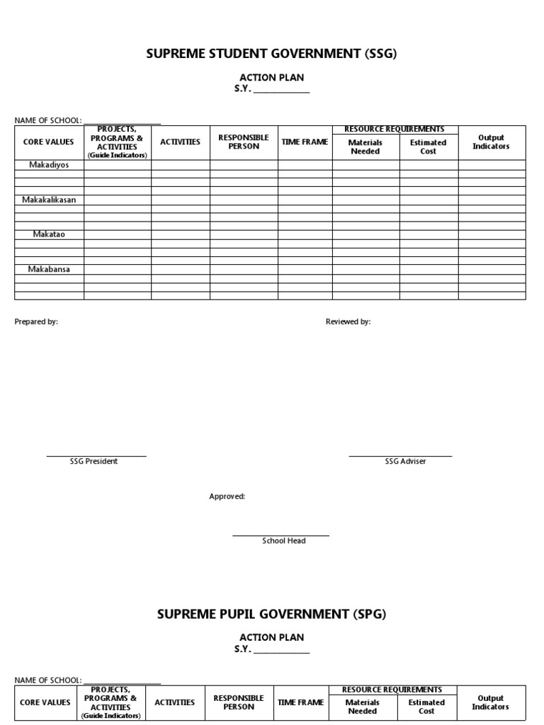 SSG Action Plan Template for Schools | PDF | Economies
