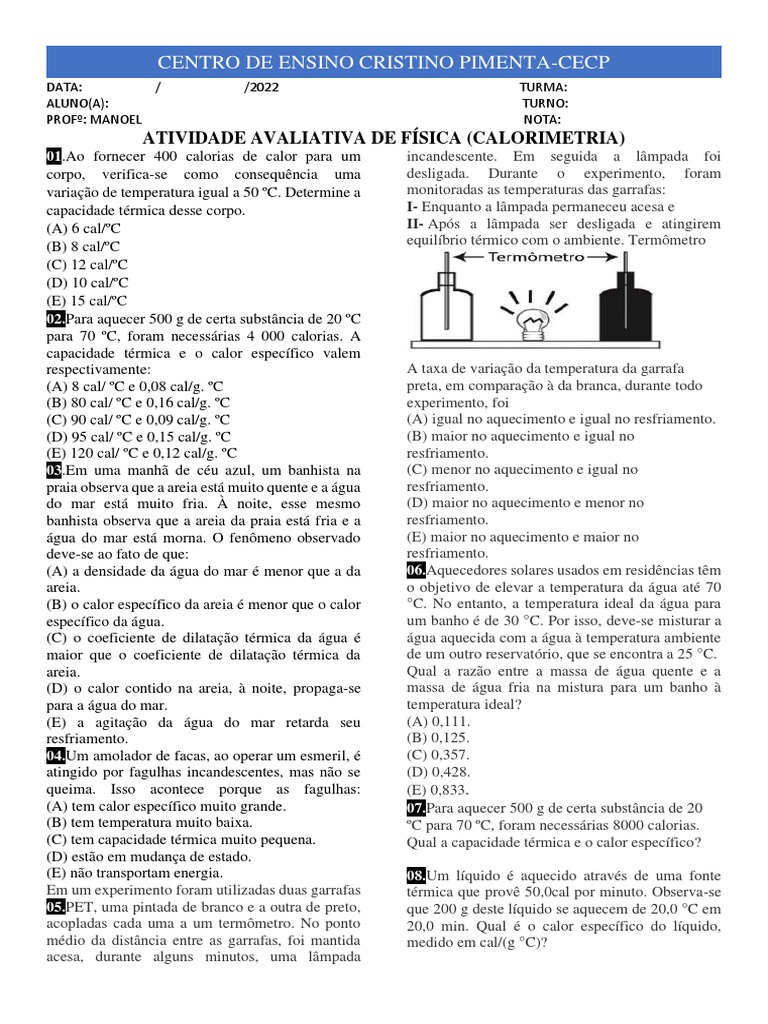 Atividade Avaliativa de Calorimetria | PDF | Calor | Temperatura