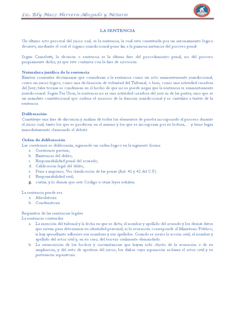 Derecho Procesal Penal-La Sentencia-Resumen | PDF | Sentencia (ley