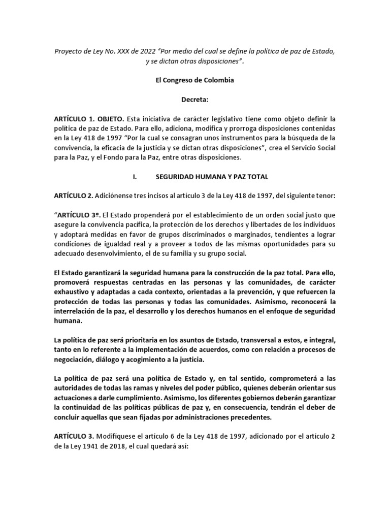 Proyecto de Ley de Paz Total 2022 | PDF | Trabajo Social | Paz