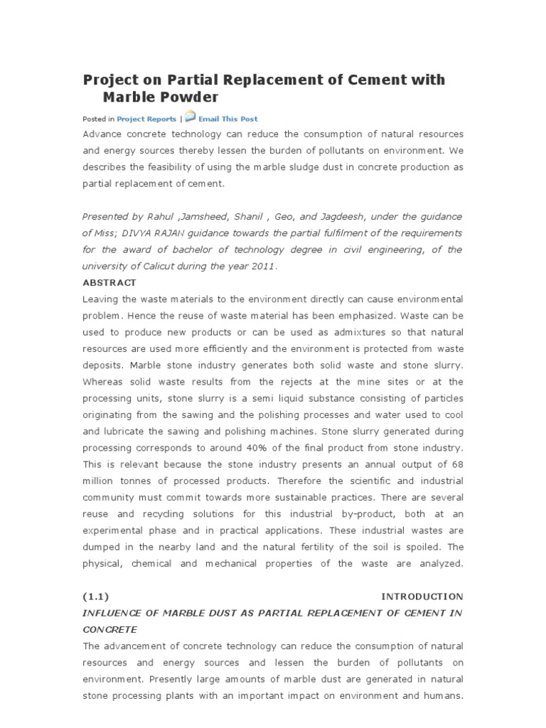 Project On Partial Replacement of Cement With Marble Powder | PDF ...