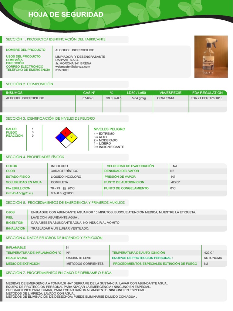 MSDS Alcohol Isopropilico Daryza | PDF | Agua | Toxicidad