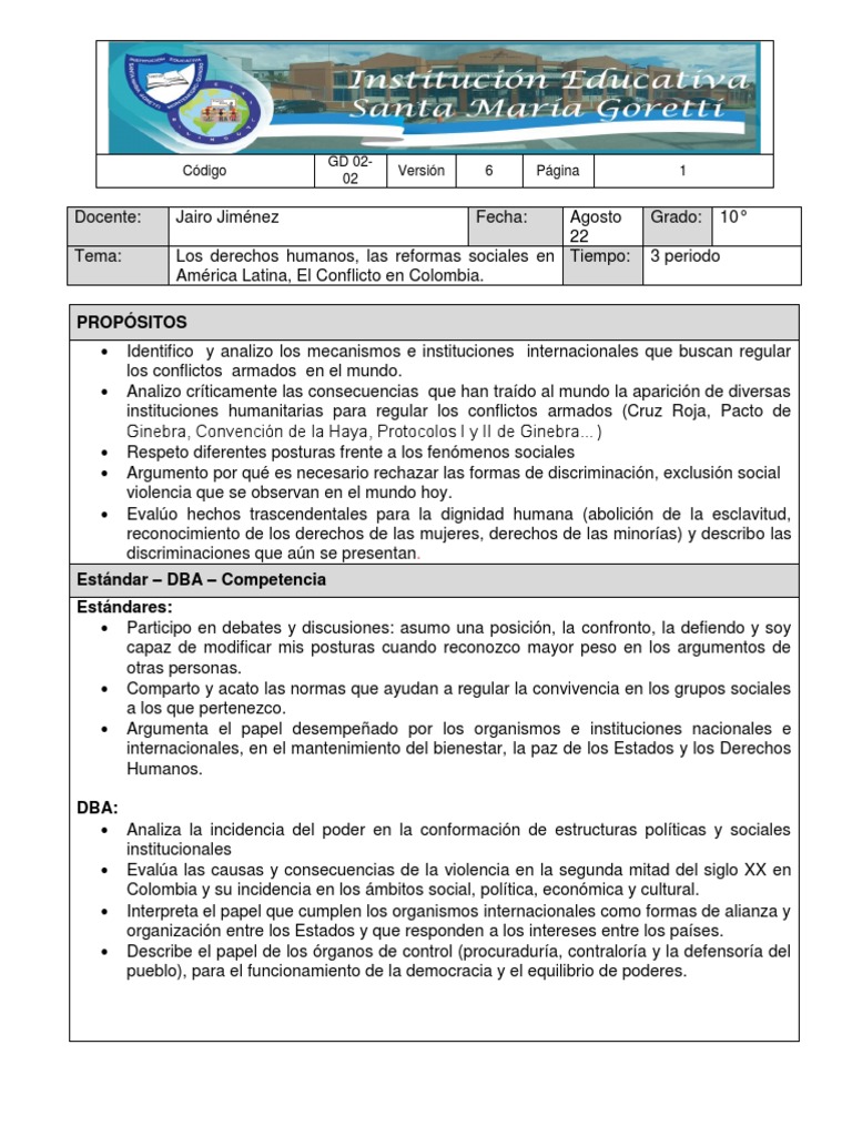 Guia 3 Periodo Grado 10 Sociales 2022 | PDF | Derechos humanos | Colombia