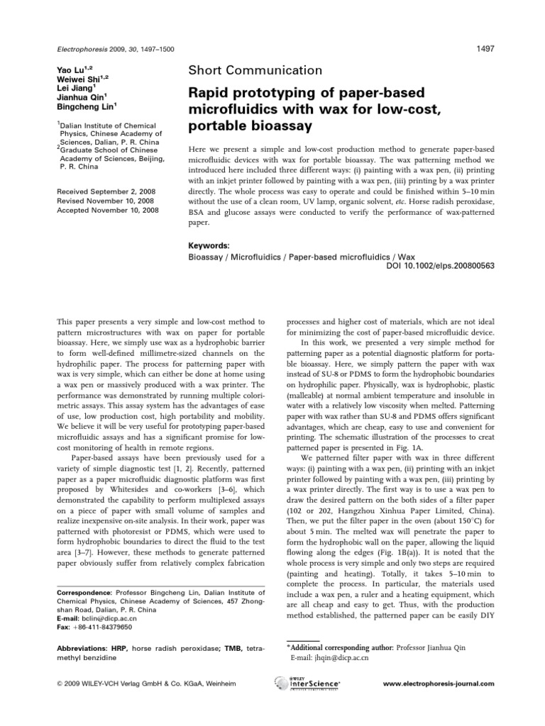 2009 Rapid Prototyping of Paper-Based Microfluidics With Wax For Low ...