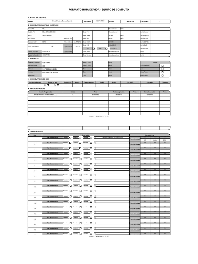 Hoja de Vida Equipos de Computo Eqipo 2 | PDF | Hardware de la ...