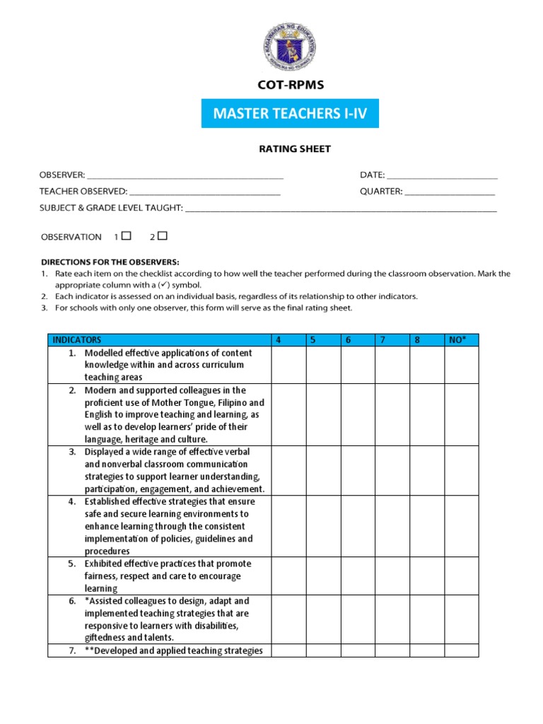 COT Rating Sheet For Highly Proficient Teachers 2021 2022 PDF
