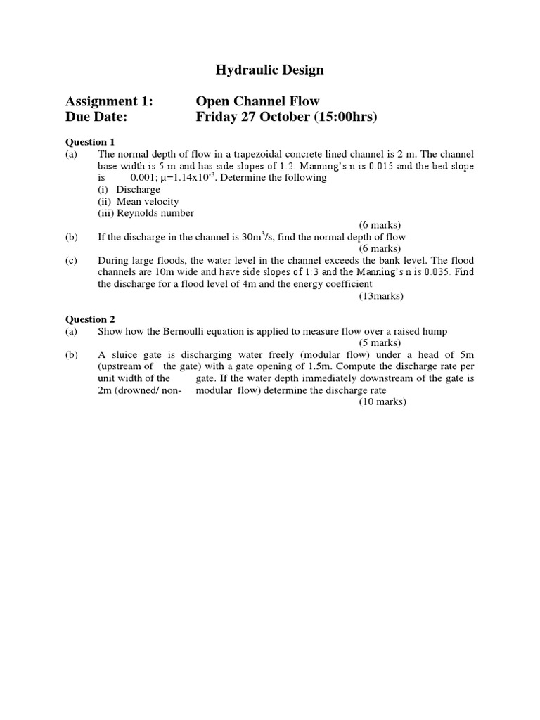 Assignment 1 Open Channel Flow Hydraulic Design PDF