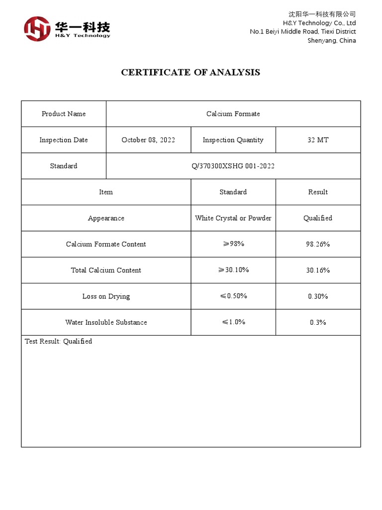 Calcium Formate Certificate of Analysis | PDF