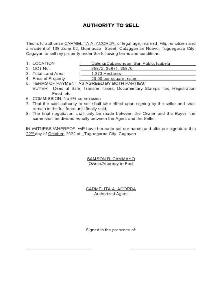 Authority to sell samson pdf