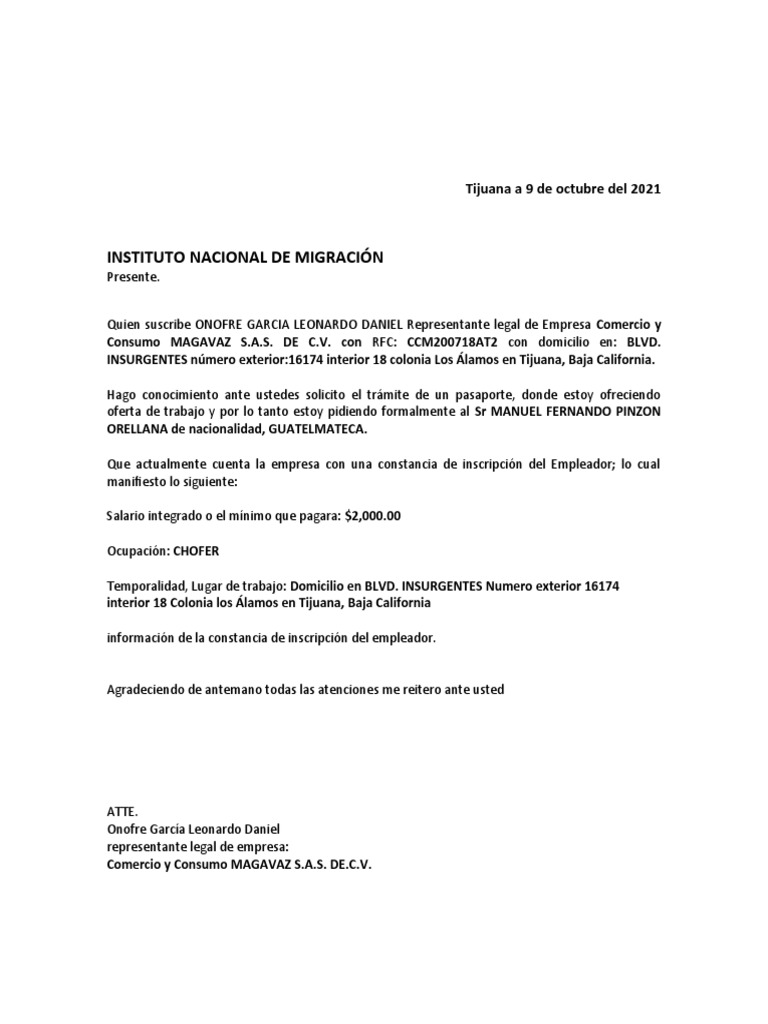 Carta de Migracion PDF