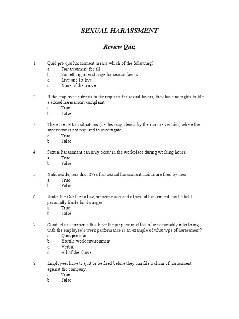 PSHHRSC Quiz PDF Sexual Harassment Justice