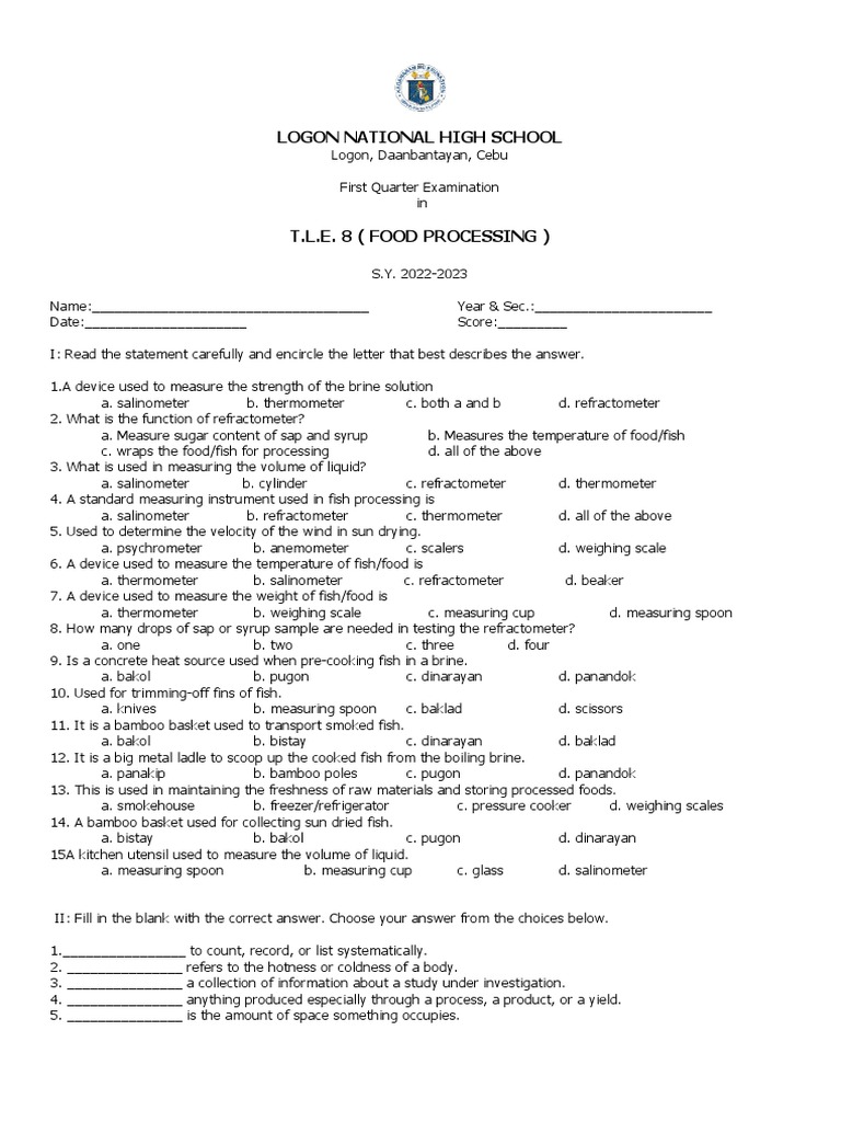 TLE 8 Food Processing PDF Thermometer Fahrenheit