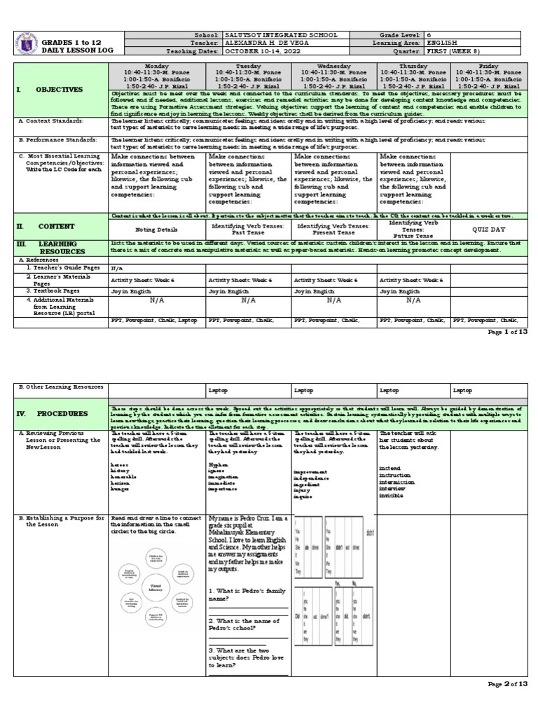 Grade 6 English Daily Lesson Plan | PDF | Reading Comprehension ...