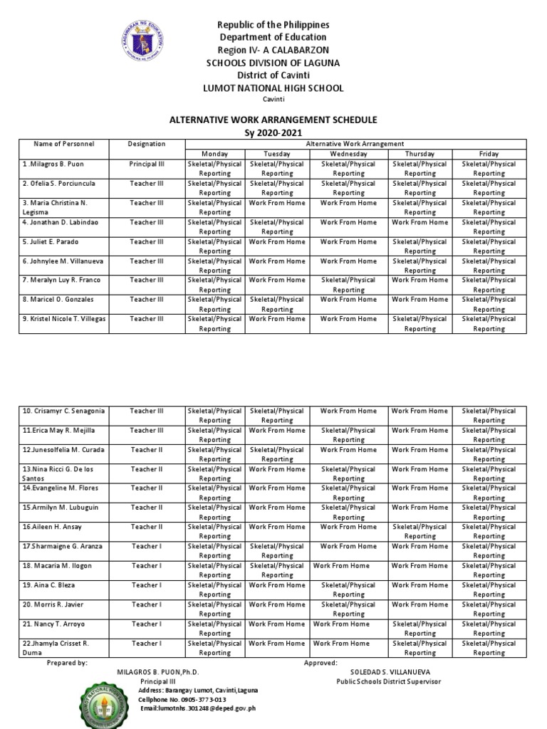 Lumot NHS AWA Schedule PDF