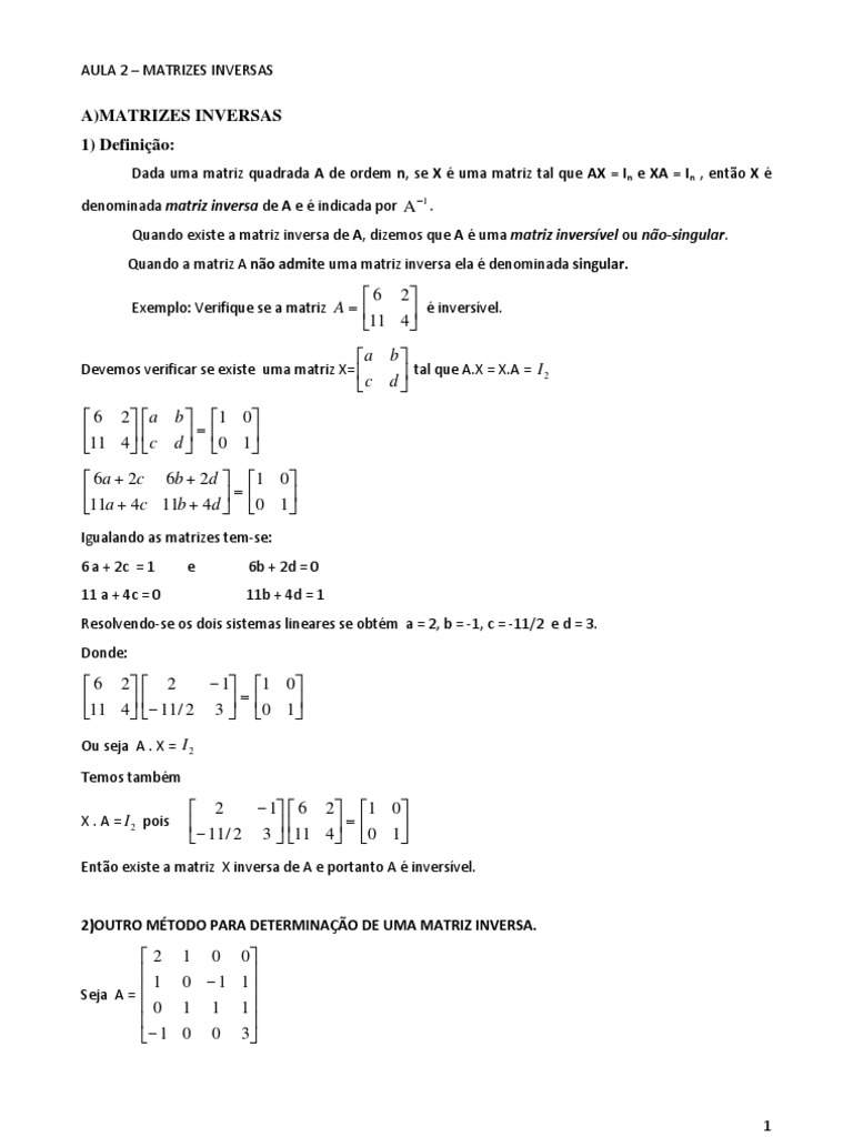 AULA 2 - Matrizes - Inversíveis | PDF | Matriz (Matemática) | Teoria do ...