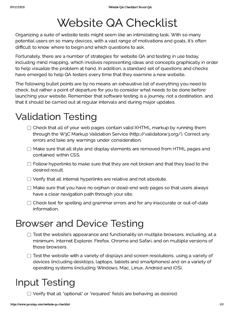 site QA Checklist PDF sites World Wide 