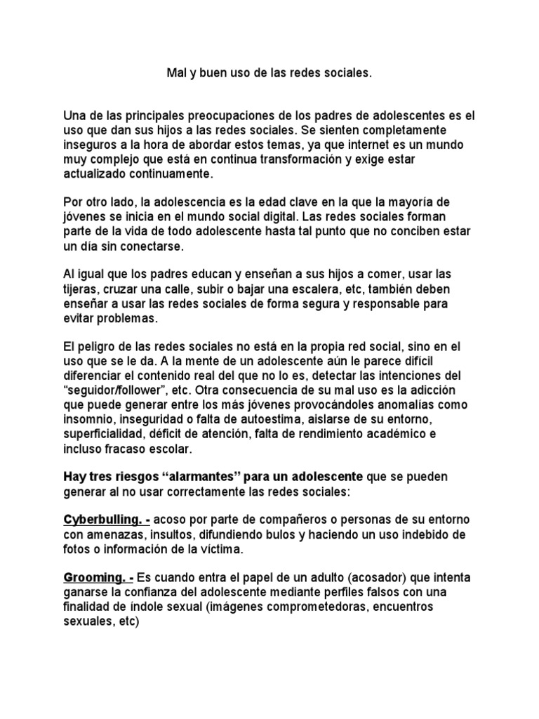 Mal y Buen Uso de Las Redes Sociales | PDF | Servicio de redes sociales ...