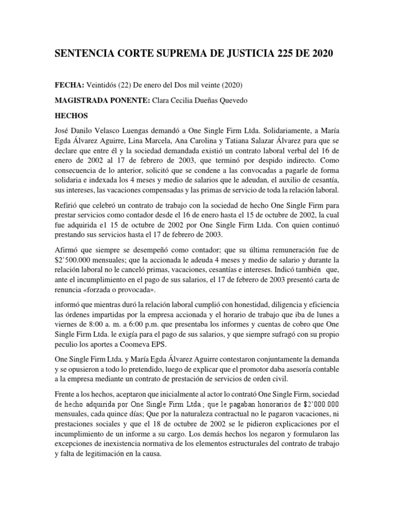 Sentencia Corte Suprema de Justicia 225 de 2020 | PDF | Derecho laboral