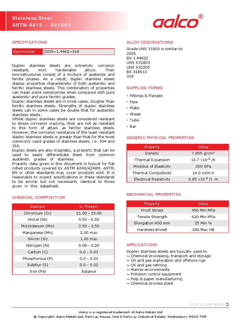 Aalco Metals LTD Stainless Steel ASTM A815 S31803 261 PDF