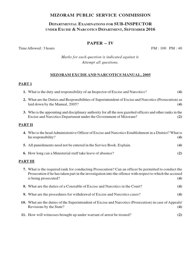 Departmental Exam For Sub Inspector Under Excise 2016 Paper IV PDF