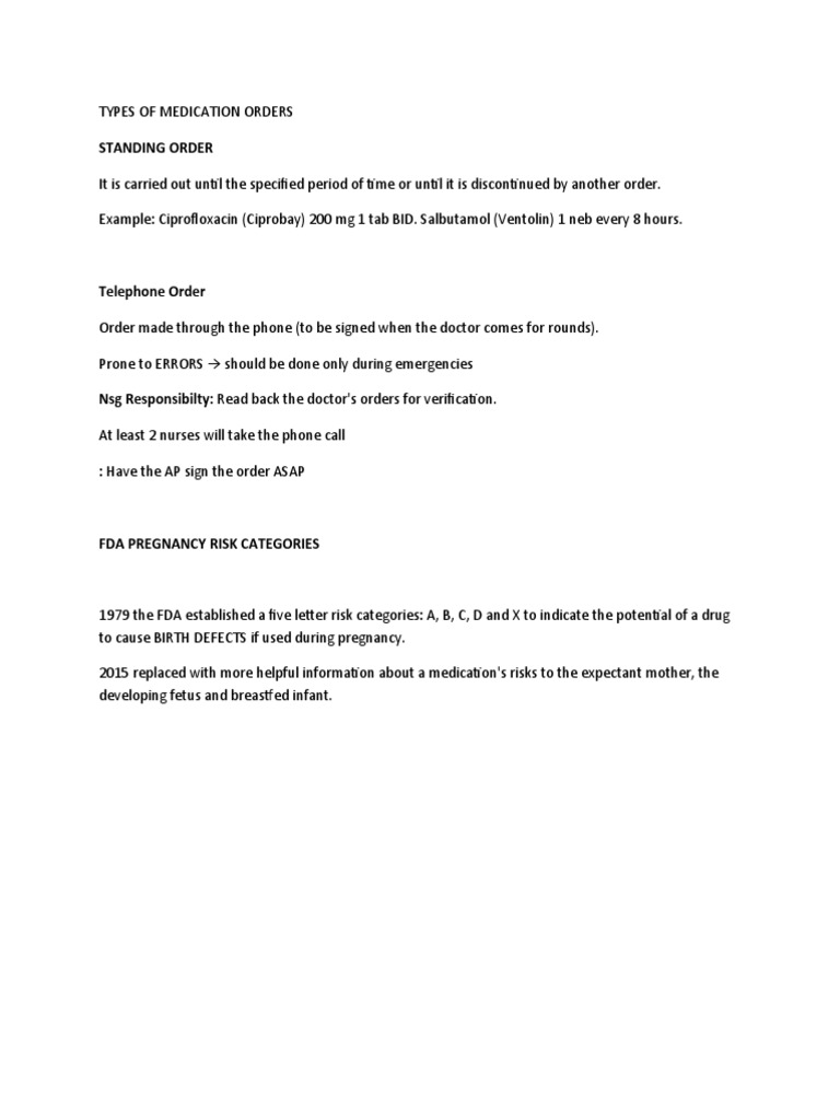 Types of Medication Orders PDF Pregnancy Food And Drug Administration