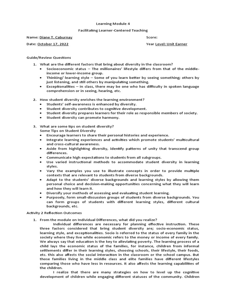 Facilitating Learner-Centered Teaching - Learning Module 4 | PDF | Id ...