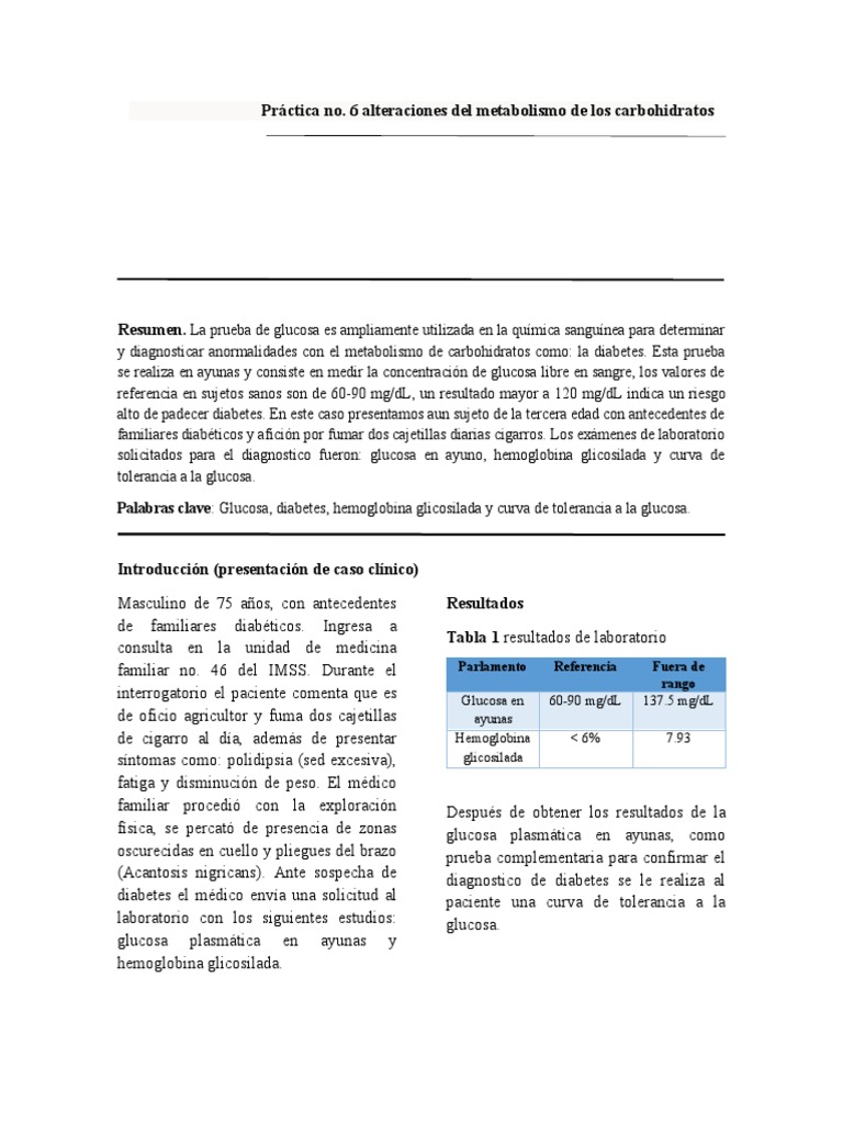Práctica No. 6 Alteraciones Del Metabolismo de Los Carbohidratos | PDF ...