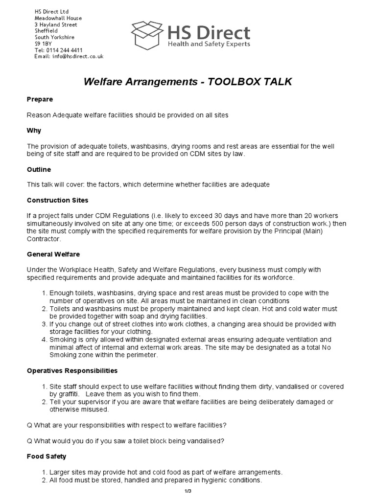 Welfare Arrangements Toolbox Talk | PDF | Occupational Safety And ...