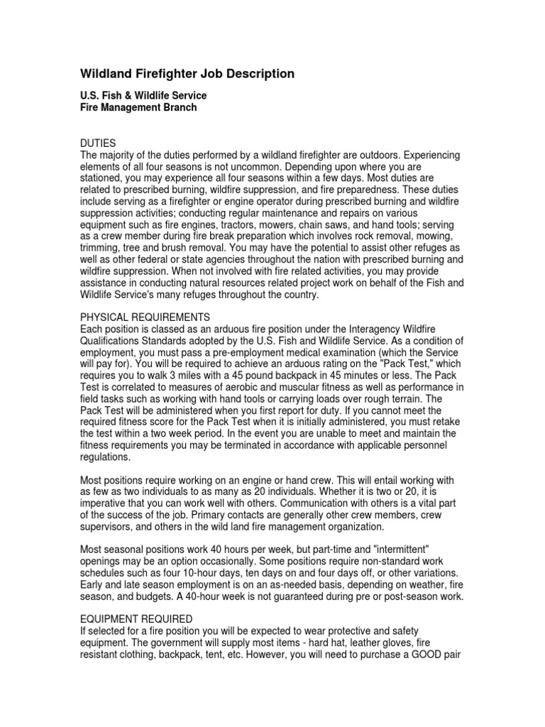 Wildland Firefighter Job Description PDF Wildfire Firefighter