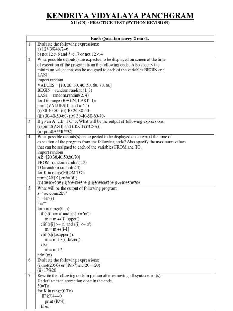 Python Revision Questions 2marks Kvpanchgram | PDF | Python ...
