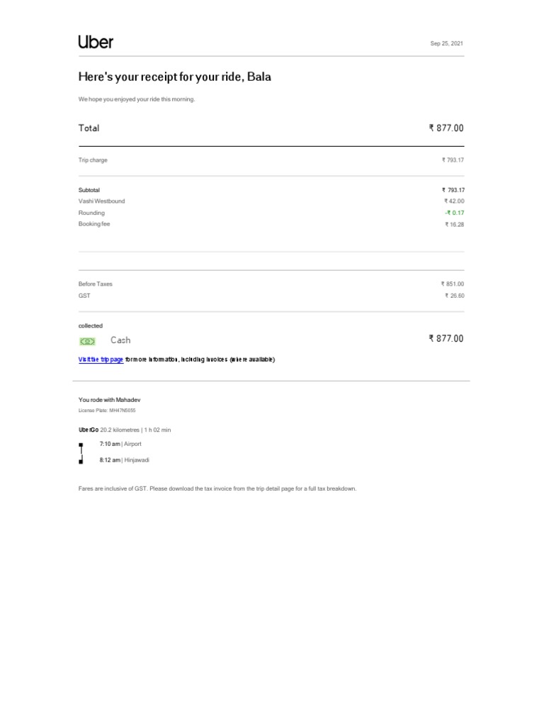 Uber Trip Invoice and GST Details | PDF