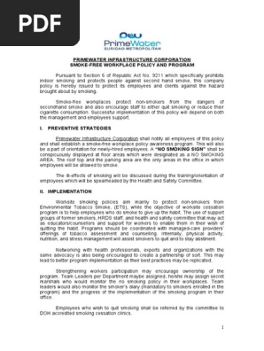 Primewater Smoke-Free Workplace Policy | PDF | Tobacco Smoking