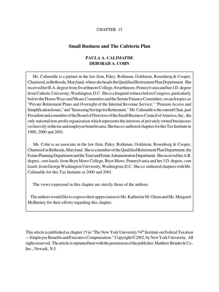 Small Business and The Cafeteria Plan PDF Employment Employee