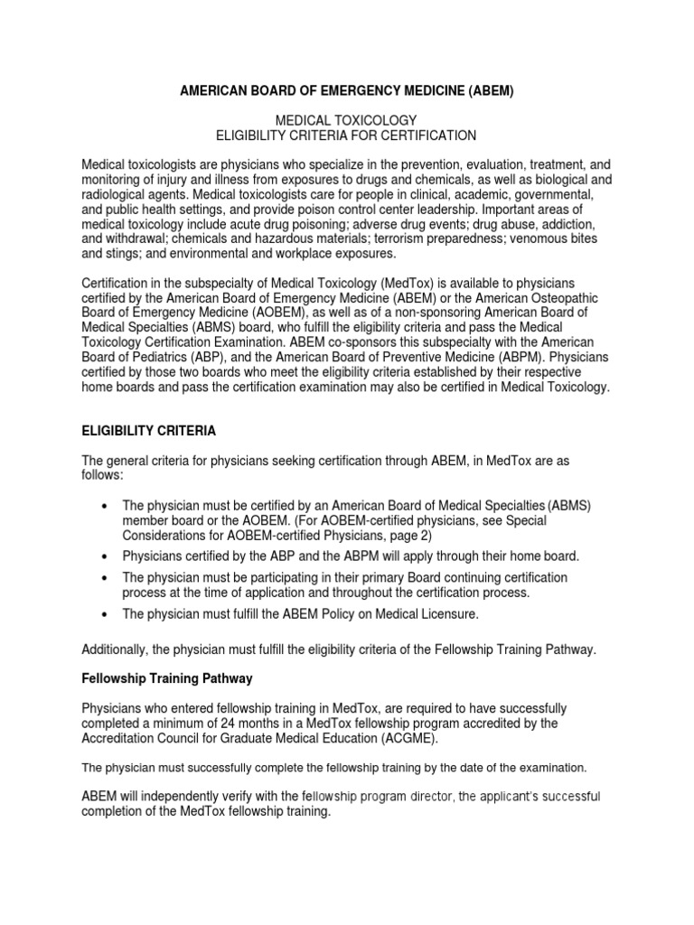 Medtox Eligibility Criteria PDF Toxicology Professional Certification